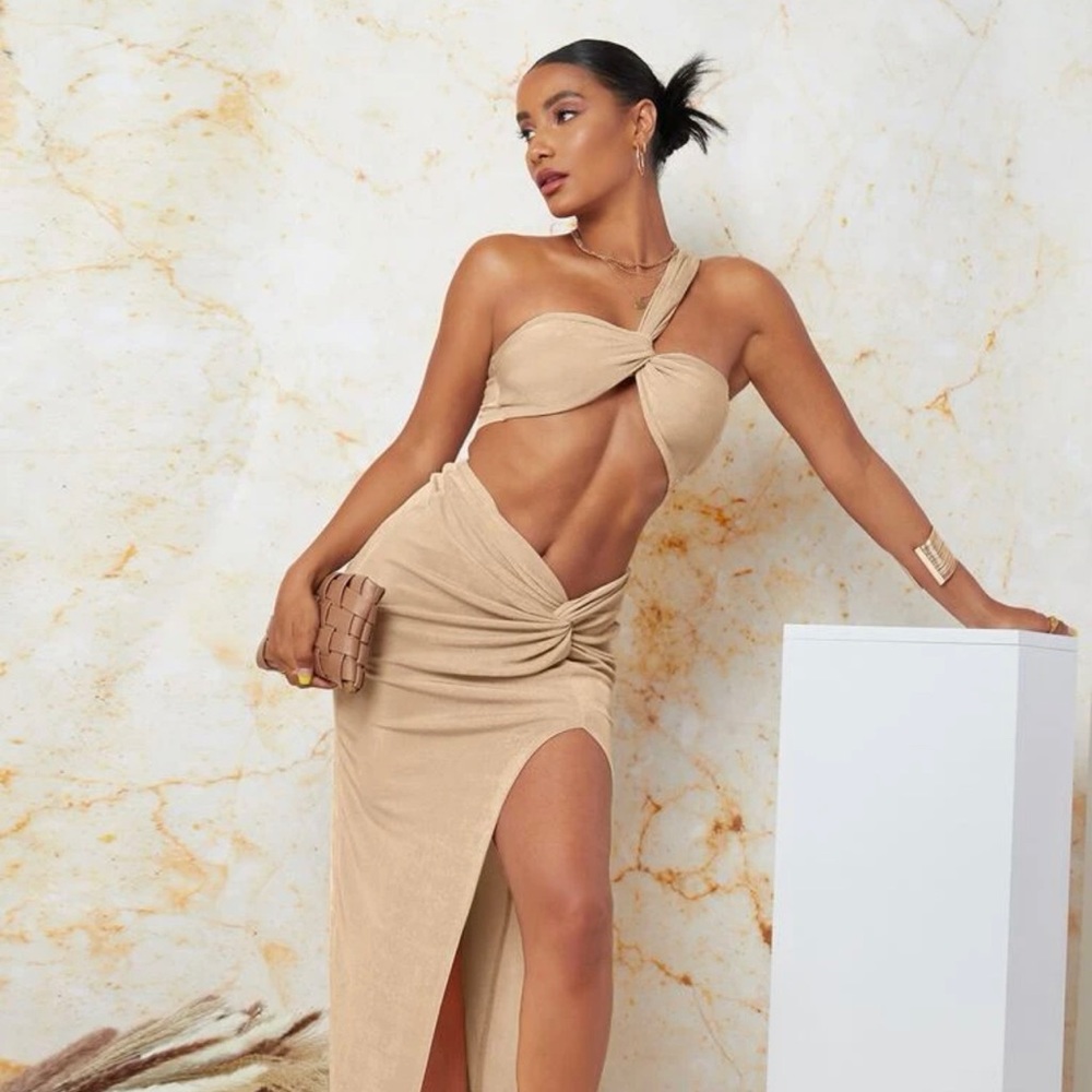 Tan SHEIN one shoulder top and skirt set